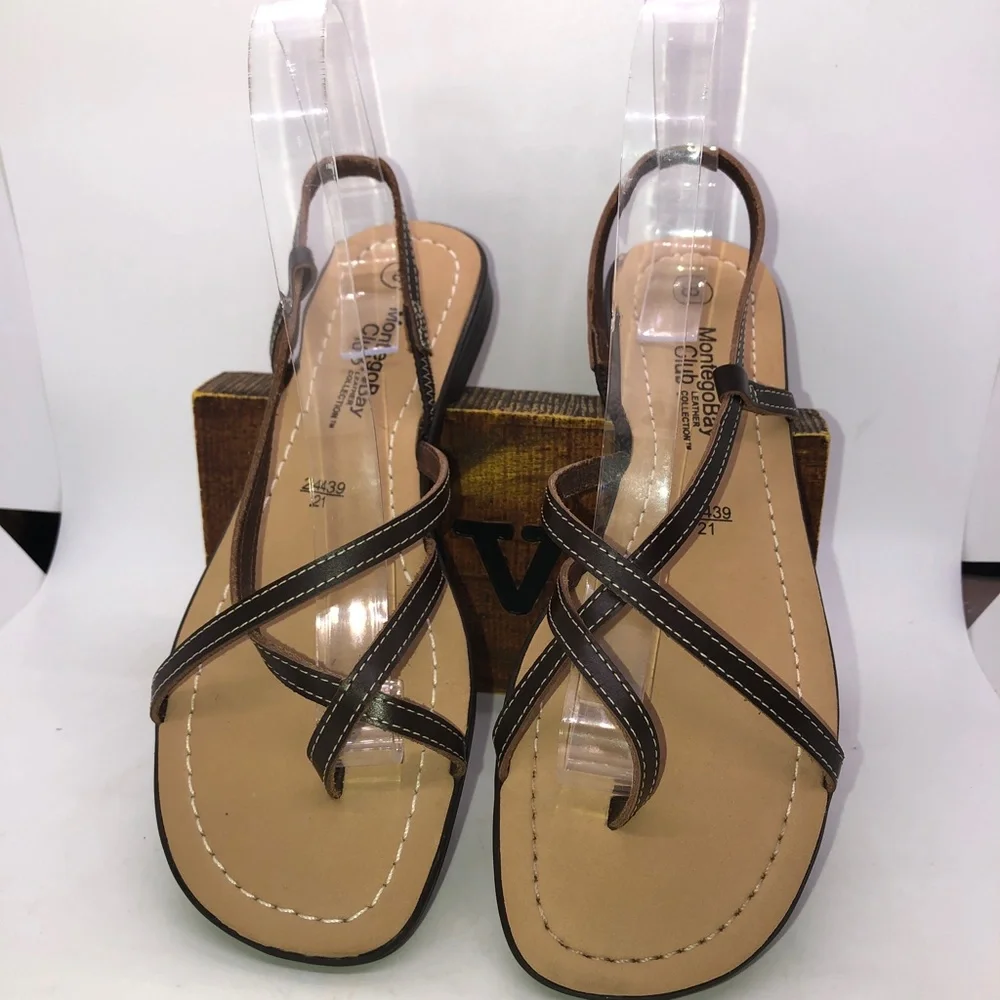 Montego Bay Club Brown Leather Flat Strappy Thong Toe Sandals Size 8 - Picture 13 of 13